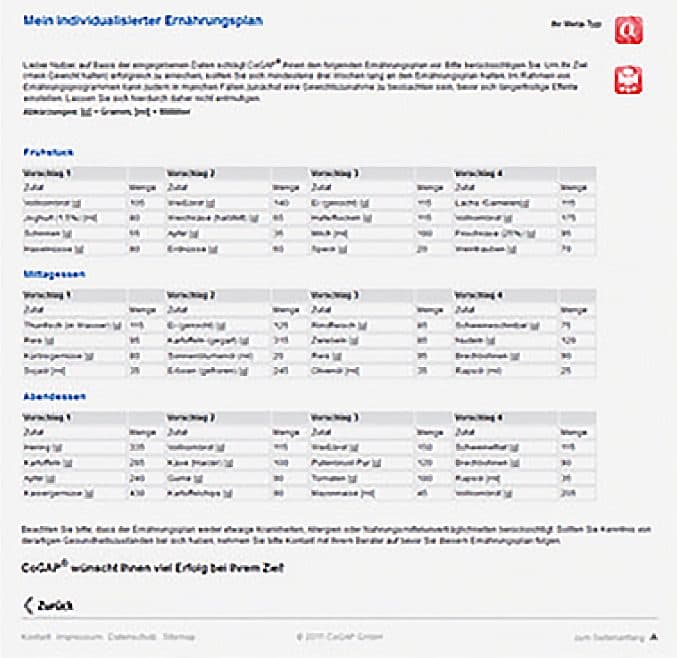 Screenshot aus dem MetaCheck Ernährungsportal: Ernährungsplan