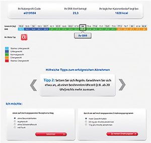 Screenshot aus dem MetaCheck Ernährungsportal: BMI-Rechner